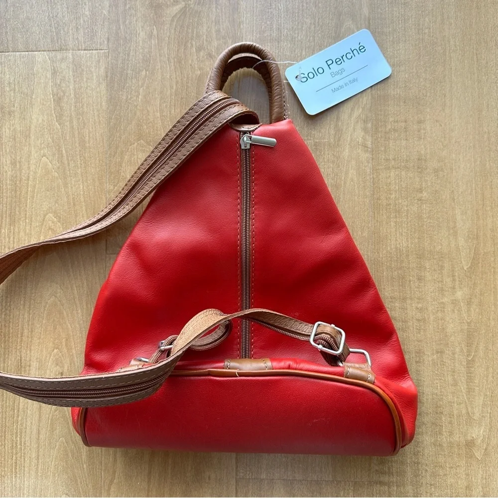 Vera Pelle Genuine Soft Italian Leather Backpack/Rucksack Shoulder Bag, Red/Tan